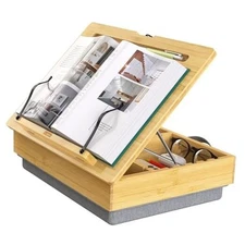  Book Stand for Reading with Storage, Adjustable Bamboo Book Holder with Soft 
