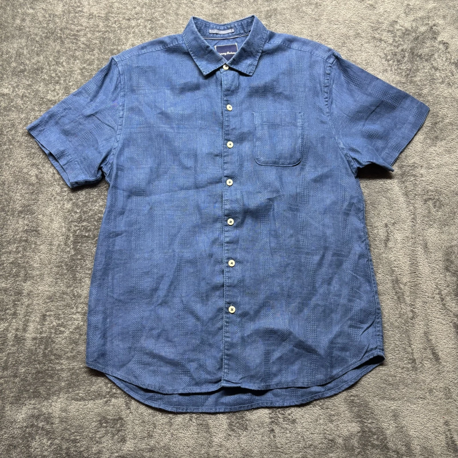 Tommy Bahama Shirt Mens Large Blue Short Sleeve Button Up 100% Linen Beach Boat