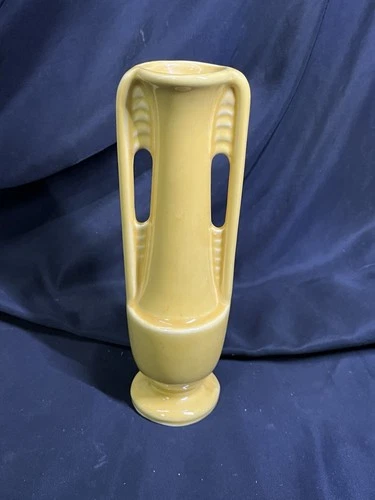 MCM Vintage Art Deco Shawnee Pottery Double Handle Bud Vase - Yellow - 8" Tall