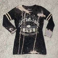 Affliction T-Shirt Skull Biker American Customs Distressed Grunge Women’s Small