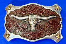 Texas Longhorn Cow Steer Two Tone Brown Background Belt Buckle Stars In Corners