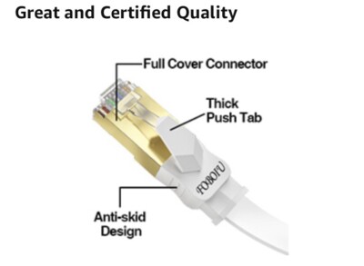 Cat7 Ethernet Cable 50FT White 10 Gigabit Shielded (STP) Internet Flat Cable Lan