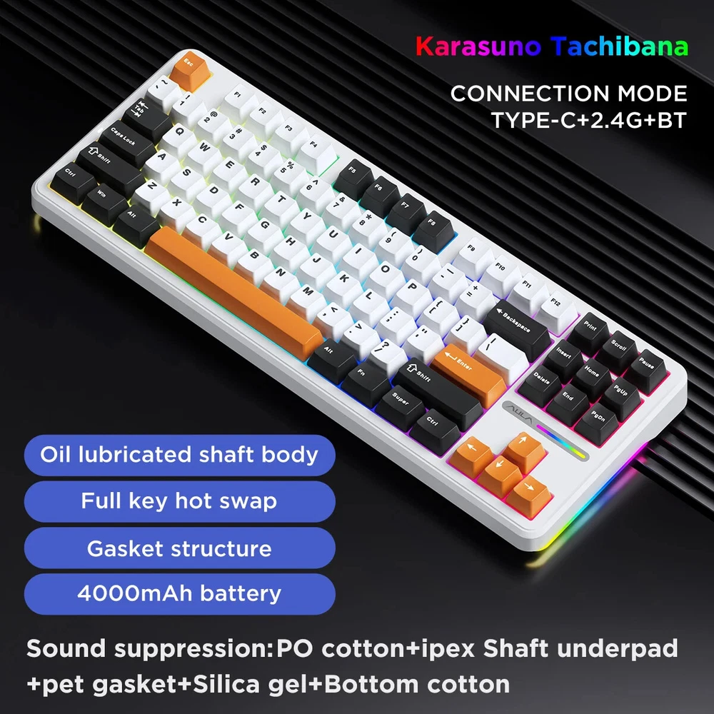 Bluetooth Tri-Mode 87-Key Hotswap Mechanical Gaming Keyboard Wireless