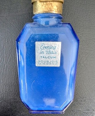 Vintage Evening in Paris Talcum Powder Bottle 3.25oz Bourjois NY Cobalt Blue