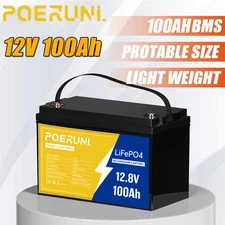 POERUNI 12V 100Ah LiFePO4 Lithium Battery 8000+ Deep Cycle for Solar RV Marine