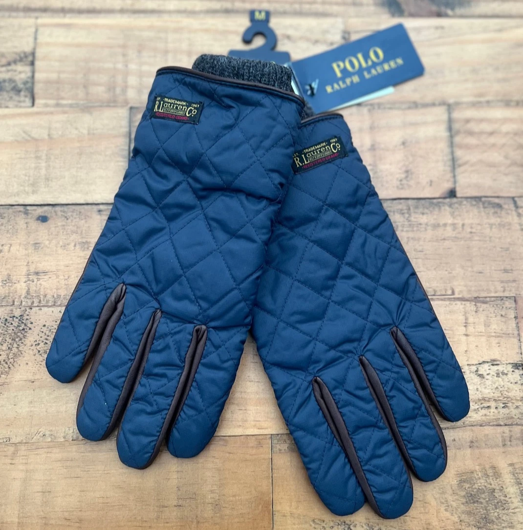 RALPH LAUREN Touch Screen Field Gloves Quilted LEATHER Warm Winter Blue M £89