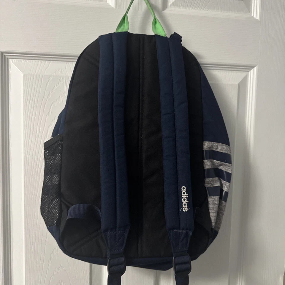 Adidas Classic 3 Stripe Backpack Grey Navy Geen Insulated Front Pocket - Image 4 of 4