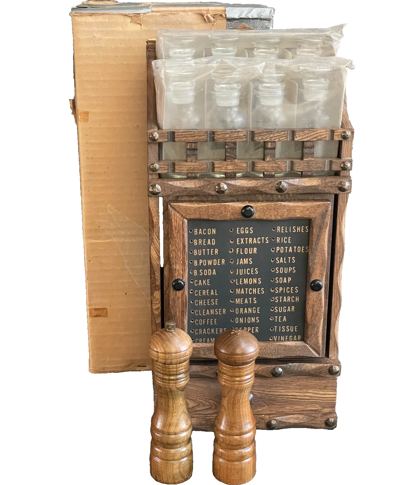 NEW! MCM Japan Wood Spice Rack 8-Jars Revolving Door Salt Pepper Set Grocery 16"