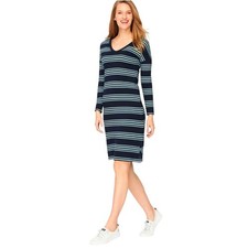 T By Talbots Women's Mini Dress Size Large Navy Baby Blue Striped Long Sleeves