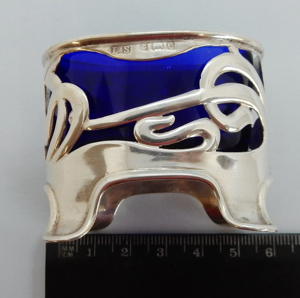 ART NOUVEAU PLATA ESTERLINA Y VIDRIO AZUL SAL ABIERTA Levi & Salaman Birm 1904 Foto 2 de 4