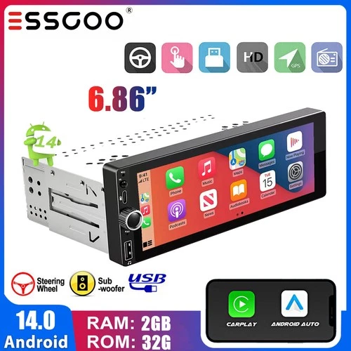 Android 14 6.9"Single Din Car Stereo Wireless Apple CarPlay Bluetooth Radio GPS