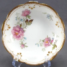 Klingenberg Limoges Pink Rose Blue Floral & Double Gold Dessert Bowl C 1900-1910