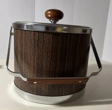 Vintage Atapco Brown Faux Wood Grain Ice Bucket With Handle Chrome Lid Barware