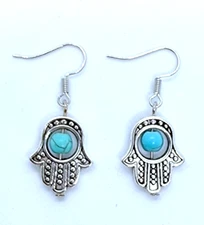 GOOD LUCK EVIL EYE Zinc HAMSA HAND With Blue Turquoise Gemstone Earing