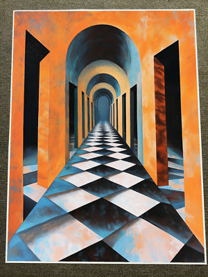 Colorful Arched Corridor with Checkered Flooring and Bold Patterns Poster 18x24i