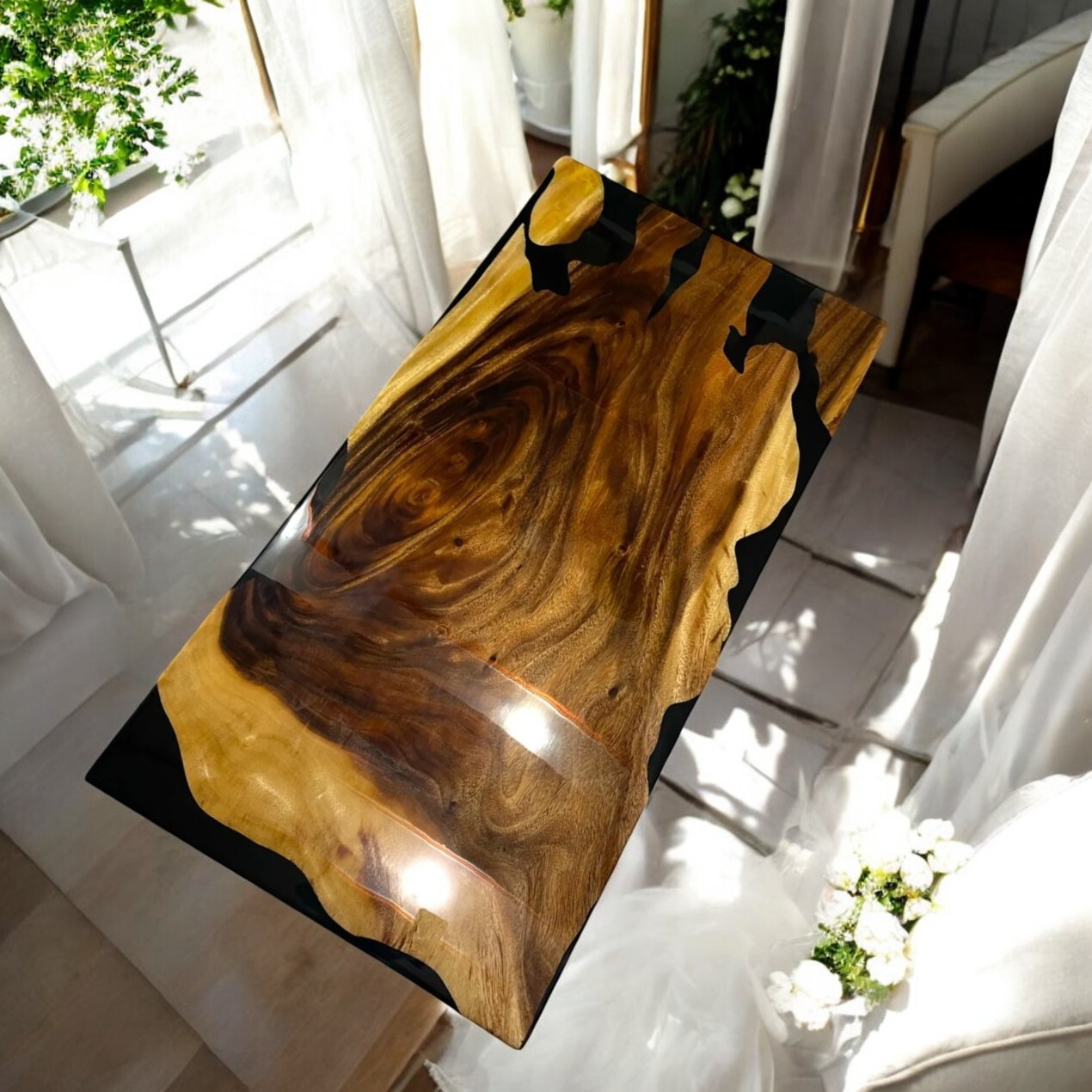 48x24 Epoxy Resin Dining Table with Natural Acacia Wood for Modern Room Decor