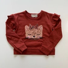 BTWEEN Long Sleeve Sequin Cat Sweater Girls 5 Ruffled Shoulders Kitty Bow Sweet