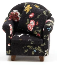 Dollhouse Miniature Modern Arm Chair Black Floral Fabric with Pillow CLA10957