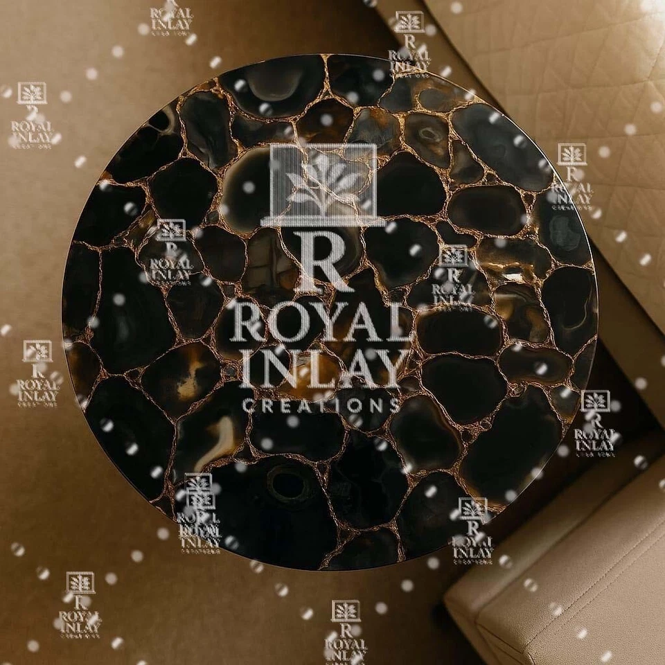 Luxury Black Agate Round Table | Handmade Gilded Copper Vein Stone Accent - Image 3 of 4