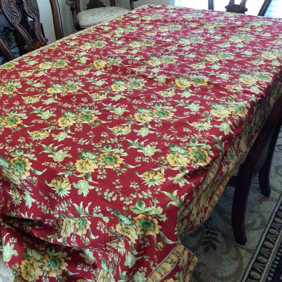 April Cornell Tablecloth Floral Red Yellow Green Cotton 113 x 57 - Image 3 of 4