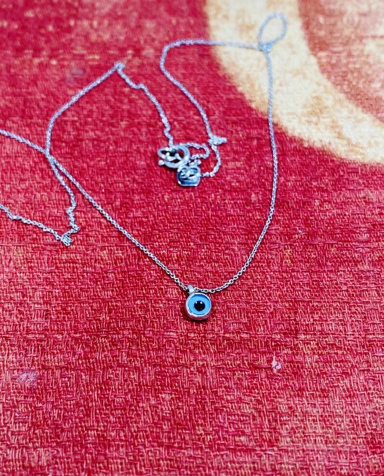 Colgante Mal de Ojo Oro Blanco Sólido 14k Mataki Mati Azul 16 pulgadas Cadena Grecia Foto 2 de 4