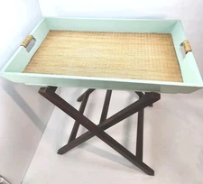 VTG Butler's Tray Table Rattan Top Real Wood Legs Sage Green Serving Tea Table