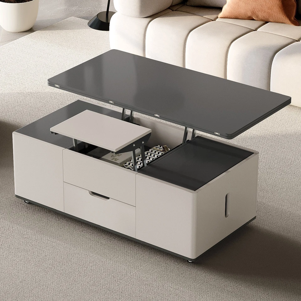 Mesa de Centro Elevable con 4 Taburetes y Almacenamiento Oculto, Mesa de Comedor Plegable Foto 4 de 4