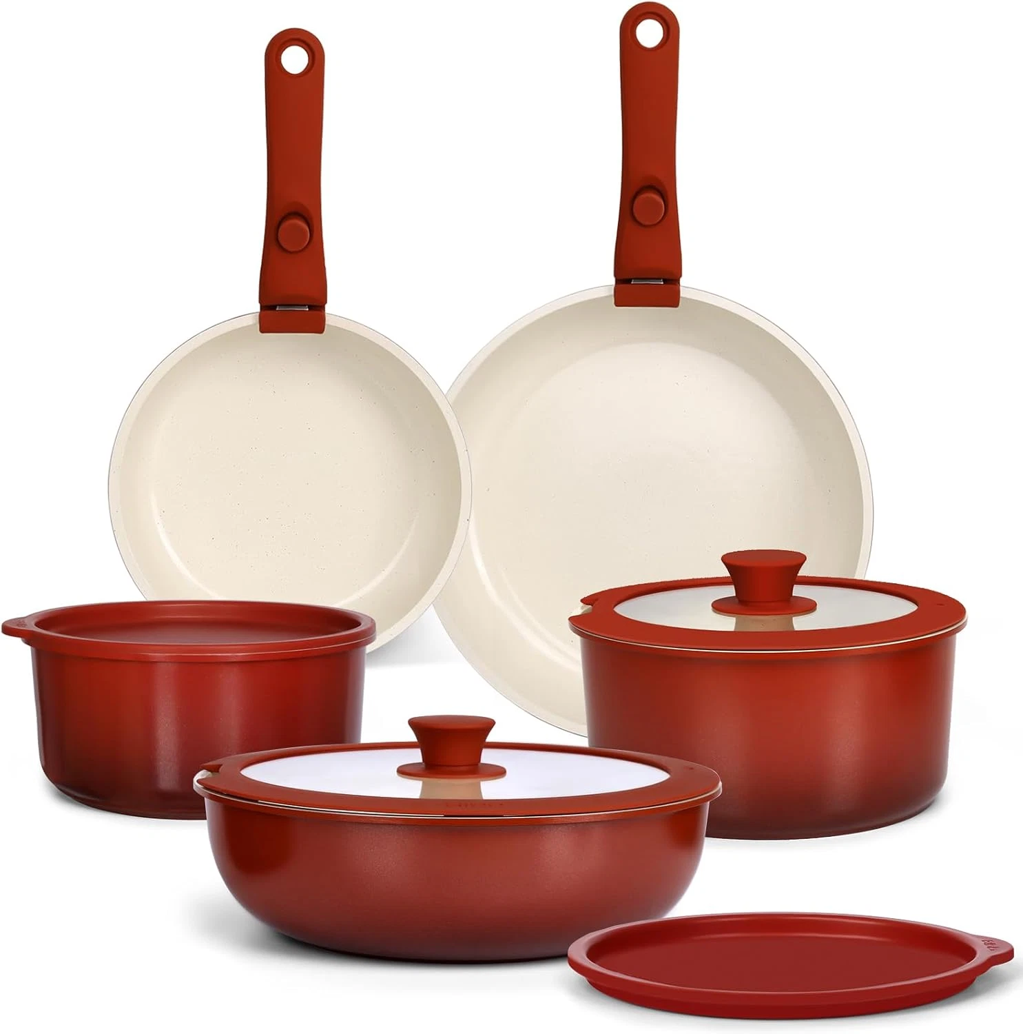 Stylish 11-Piece Nonstick Cookware Set with Detachable Handle - Red Black Gradie