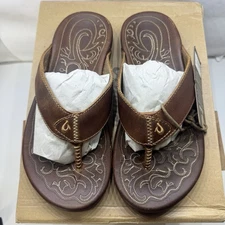 Olukai Mekila Brown Leather Flip Flops Sandals Slip On 10488-8787 Men's size 7