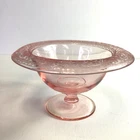 Vintage Pink Depression Glass Bowl on Pedestal with Delicate Etched Rim