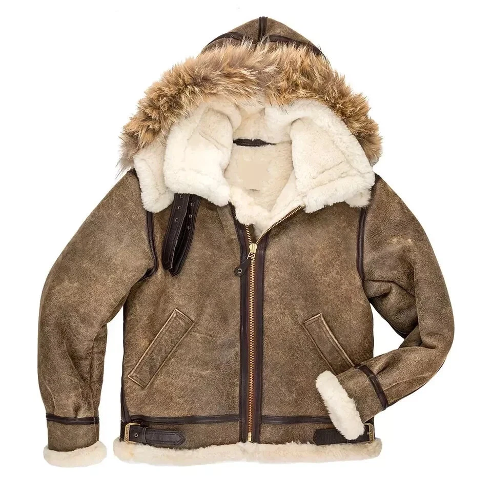 Men's Distressed Genuine Leather Aviator Bomber Jacket Vintage Detachable Hood