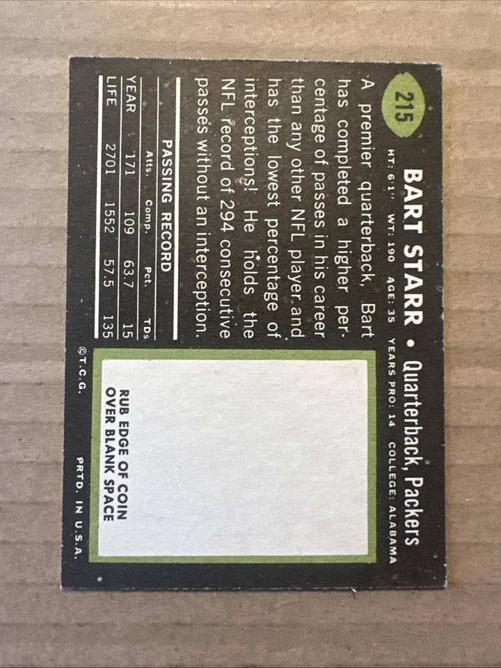 1969 Topps - Bart Starr #215 - Image 2 of 2