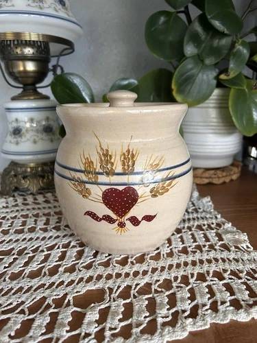 Vintage Stoneware Wheat And Hearts Scene P R Storie Pottery Lidded Crock. Texas