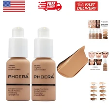 2 Pack PHOERA Foundation, Long-Lasting Waterproof Oil Full Coverage Flawless ...