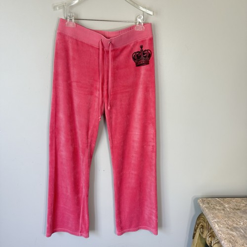 VTG Juicy Couture Low Waist Track Pant Pink Velour Flare Wide Leg Logo 90s Y2K M - Picture 8 of 8