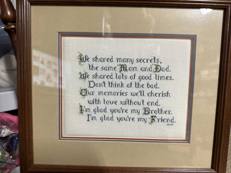 Punto de Cruz "mi hermano... mi amigo" placa hecha a mano terminada enmarcada 13 X14" Foto 3 de 4