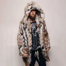 Mens Winter Faux Fox Fur Jacket Hooded Warm Mid-long Length Coat Party Outwear