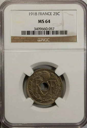 France 25 Centimes 1918 NGC MS 64 UNC Copper Nickel 