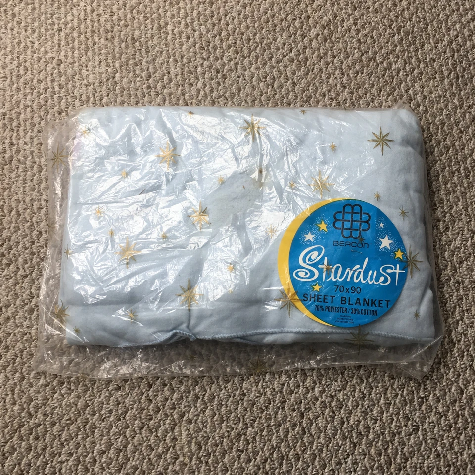 Vintage Beacon Blanket 70"x90" Blue Polyester Cosmic Atomic Print Stardust Thin - Image 2 of 4