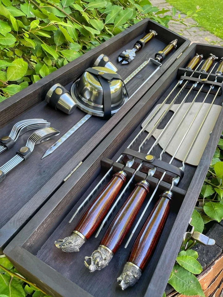 Forged handmade skewers set bronze decoration animal heads grill barbecue BBQ - Image 3 of 4