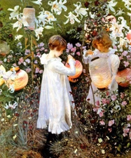 CARNATION LILY ROSE GIRLS GARDEN LANTERNS PAINTING BY JOHN SINGER SARGENT REPRO