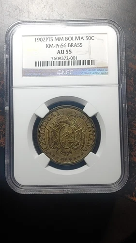 1902 PTS MM Bolivia Brass Pattern 50 Centavos NGC AU55 2688