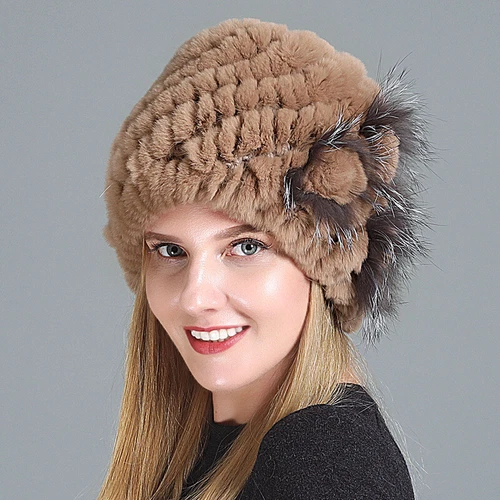 Damen Echt Rex Kaninchenfell Beanie Mütze Winter Warm Mütze mit Fuchs Handarbeit Geflochten - Bild 37 von 52