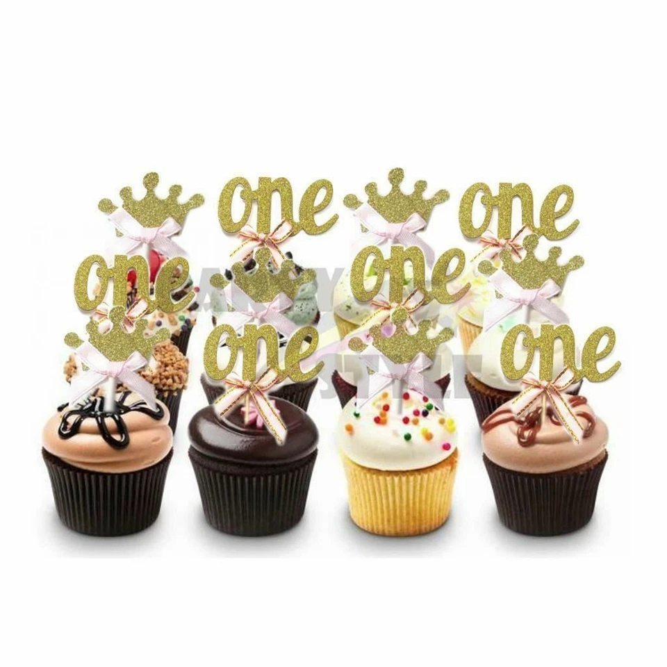Toppers de cupcakes dorados brillantes 24 piezas arco rosa para niña bebé fiesta de primer cumpleaños Foto 2 de 4