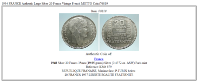 1934 FRANCE Authentic Large Silver 20 Francs Vintage French MOTTO