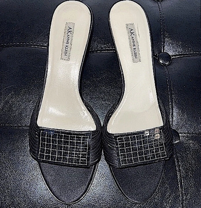 Mules Anne Klein negros para mujer punta abierta sin cordones tacón de gatito talla 8,5 Foto 4 de 4