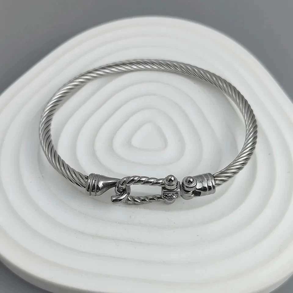 Gold Plated Horseshoe Bracelet 18K Stainless Steel Wire Button Cuff Men Jewelry - Image 3 of 4