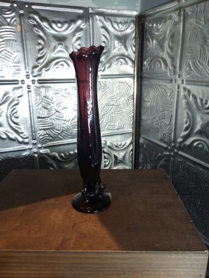 Vintage Amethyst Swung Glass Bud Vase Unique Footed Flower Art Deep Purple Color