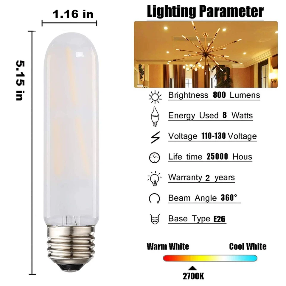 T10 Led Frosted Bulb, 8W Dimmable Tubular LED Light Bulb, 75 Watt Incandescen... - Image 2 of 4