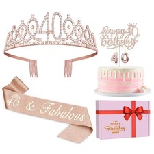 40th Birthday Decorations for Women, Including Crown/Tiara, Sash, Rose Gold
